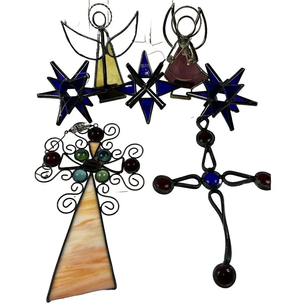 Set of 7 Stained Glass Cobalt Blue Snowflake Ornaments 4 Handmade Angel &Crosses